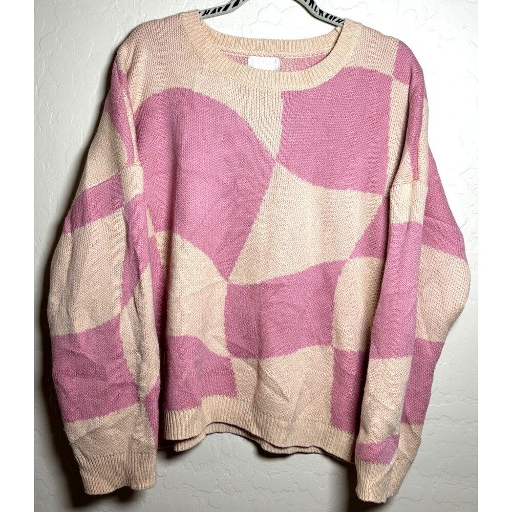 A’ltard State Womens L Pink Cream Abstract Colorblock Sweater Oversized Knit